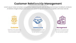 CRM customer relationship management infographic 3 point stage template with clean and simple information on horizontal direction