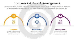 CRM customer relationship management infographic 3 point stage template with half circle shape outline with badge for slide