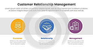 CRM customer relationship management infographic 3 point stage template with icon in horizontal background for slide presentation