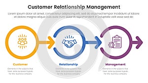 CRM customer relationship management infographic 3 point stage template with outline circle right arrow direction for slide