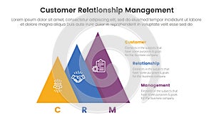 CRM customer relationship management infographic 3 point stage template with pyramid shape increase size right direction for slide