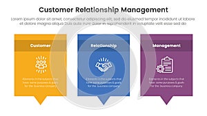 CRM customer relationship management infographic 3 point stage template with rectangle box and callout comment dialog on bottom