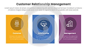 CRM customer relationship management infographic 3 point stage template with vertical rectangle big box for slide presentation