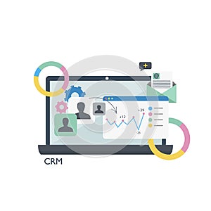 CRM. Customer relationship management.Laptop tables and graphs.Flat vector illustration