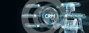 CRM Customer Relationship Management. Robot pressing button on virtual screen. 3d render