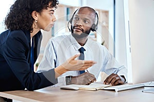 CRM, customer service or teamwork writing notes for coaching, consulting or networking in office. Call center, learning