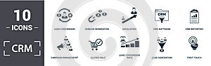 Crm icon set. Contain filled flat campaign management, closed sale, crm reporting, crm software, demand generation, escalation,