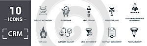 Crm icon set. Contain filled flat contract management, converted lead, customer journey, support automation, funnel velocity, hot