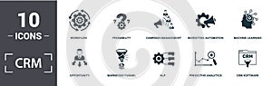 Crm icon set. Contain filled flat machine learning, marketing automation, predictive analytics, probability, umbrella, anchor