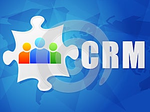 CRM and puzzle piece with person signs, flat design