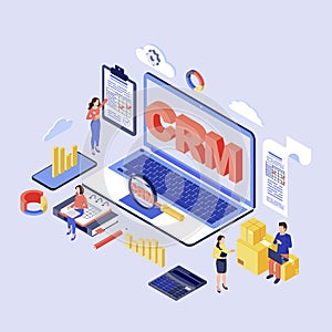 CRM software isometric vector illustration. Customer, client relationship management system. Company kpi, erp optimization 3d