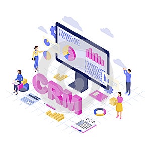 CRM software, platform isometric vector illustration. Client data analytics and storage. Customer relationship management service