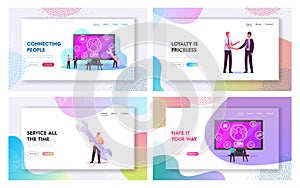 Crm System, Customer Relationship Management Landing Page Template Set. Tiny Characters Analysing Client Profile