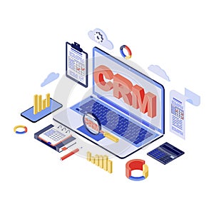 CRM system isometric vector illustration. Customer, management, marketing automation software 3d concept isolated on white.