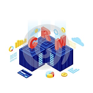 CRM system isometric vector illustration. Customer relationship management software. CRM server, database, Saas. Client data