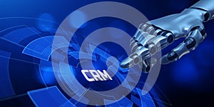 CRM System Software Customer relationship management concept. Robotic hand pressing button.