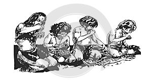 Cro-Magnon children & x28;Homo sapiens& x29; to eating food. Hand drawn illustration sketch.