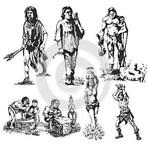 Cro-Magnon & x28;Homo sapiens& x29; man in a cave mined fire. Hand drawn illustration. photo