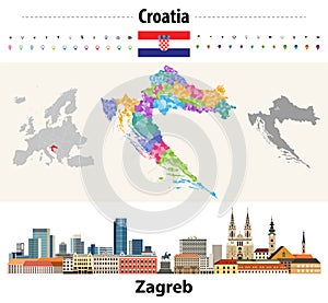 Croatia colored map consiting of counties and  municipalities. Flag of Croatia. Zagreb cityscape. Vector illustration