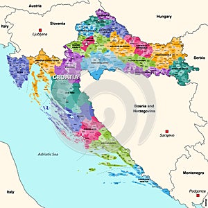 Croatia administrative divisions detailed vector map with neighbouring countries and territories