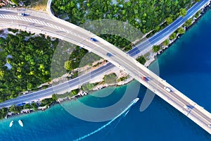 Croatia. Aerial view on bridge above sea. Highway above water. View from a drone. Natural landscape in summer time from air.