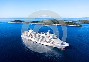 Croatia. Aerial view at the cruise ship at the day time. Adventure and travel.  Landscape with cruise liner on Adriatic sea. Luxur