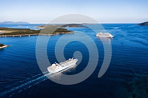 Croatia. Aerial view at the cruise ship at the day time. Adventure and travel. Landscape with cruise liner on Adriatic sea. Luxur