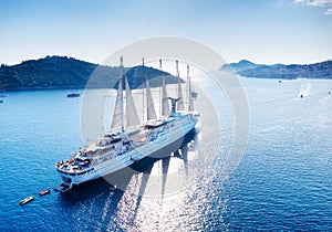 Croatia. Aerial view at the cruise ship with sail at the day time. Adventure and travel.  Landscape with cruise liner on Adriatic