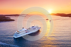 Croatia. Aerial view at the cruise ship during sunset. Adventure and travel.  Landscape with cruise liner on Adriatic sea. Luxury