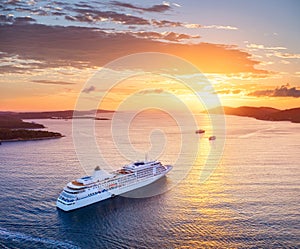 Croatia. Aerial view at the cruise ship during sunset. Adventure and travel. Landscape with cruise liner on Adriatic sea. Luxury