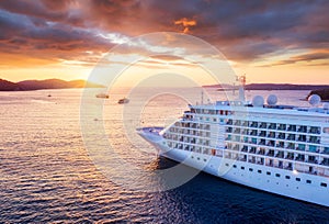 Croatia. Aerial view at the cruise ship during sunset. Adventure and travel.  Landscape with cruise liner on Adriatic sea. Luxury