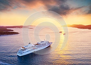 Croatia. Aerial view at the cruise ship during sunset. Adventure and travel.  Landscape with cruise liner on Adriatic sea. Luxury