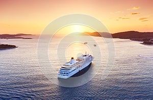 Croatia. Aerial view at the cruise ship during sunset. Adventure and travel. Landscape with cruise liner on Adriatic sea. Luxury