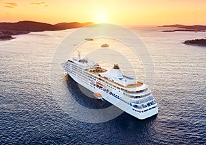 Croatia. Aerial view at the cruise ship during sunset. Adventure and travel. Landscape with cruise liner on Adriatic sea. Luxury