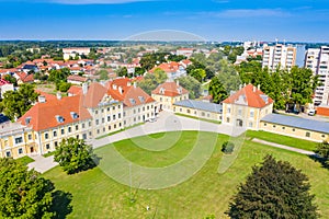 Croatia, aerial view of the old town of Vukovar, city museum in old castle in park