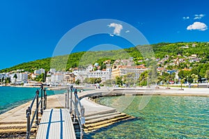 Croatia, beautiful Opatija riviera on Kvarner, aerial view of popular beach Slatina