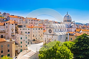 Croatia, city of Sibenik, panoramic view of the old town center and cathedral