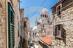 Croatia, city of Sibenik, panoramic view of the old town center and cathedral of St James, most important architectural