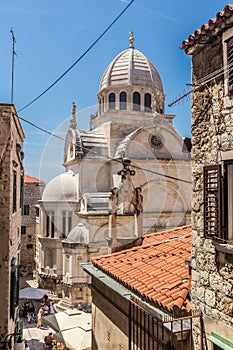 Croatia, city of Sibenik, panoramic view of the old town center and cathedral of St James, most important architectural