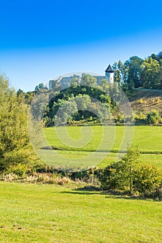 Croatia, countryside landscape, river Dobra and old fortress in Novigrad