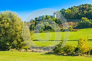 Croatia, countryside landscape, river Dobra and old fortress in Novigrad