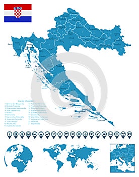 Croatia - detailed blue country map with cities, regions, location on world map and globe. Infographic icons