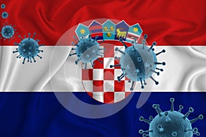 Croatia flag. Blue viral cells, pandemic influenza virus epidemic infection, coronavirus, infection concept. 3d-rendering