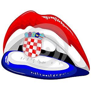 Croatia Flag Lipstick on Sensual Lips with Chequered Shield Emblem