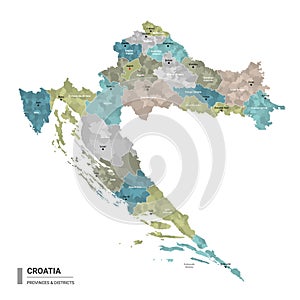 Croatia higt detailed map with subdivisions. Administrative map of Croatia with districts and cities name, colored by states and