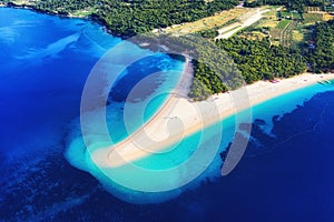 Croatia, Hvar island, Bol. Aerial view at the Zlatni Rat. Beach and sea from air. Famous place in Croatia. Summer seascape from dr