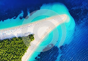 Croatia, Hvar island, Bol. Famous beach in Croatia. Aerial view on the Zlatni Rat. Summer seascape background from drone