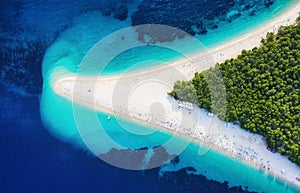 Croatia, Hvar island, Bol. Panoramic aerial view at the Zlatni Rat. Beach and sea from air. Famous place in Croatia. Summer seasca