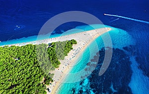 Croatia, Hvar island, Bol. Panoramic aerial view at the Zlatni Rat. Beach and sea from air. Famous place in Croatia. Summer seasca