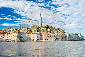 Croatia, Istria, beautiful old town of Rovinj on Adriatic sea coastline, seascape view